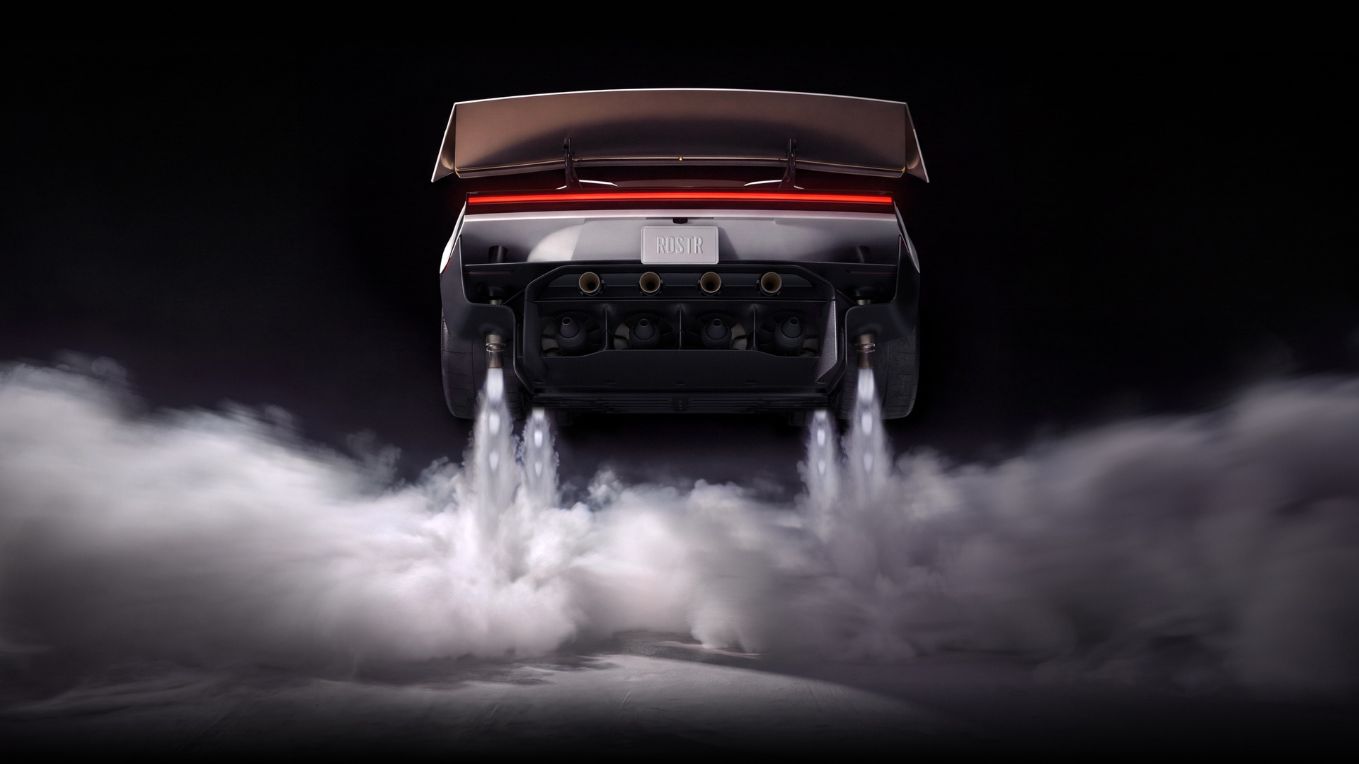 Arrière du Tesla Roadster, aileron levé, quatre propulseurs à gaz froid qui soufflent un nuage blanc