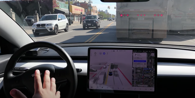 Tesla on FSD stuck behind a truck