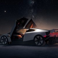 Tesla Roadster de nuit, portes levées et feu arrière pleine largeur | Tesla Tesla Roadster stationné de nuit sous un ciel étoilé, portes levées et feu arrière allumé