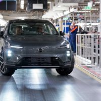 The first Volvo EX60 rolls off the line at the Torslanda plant as part of the Start of Production Event