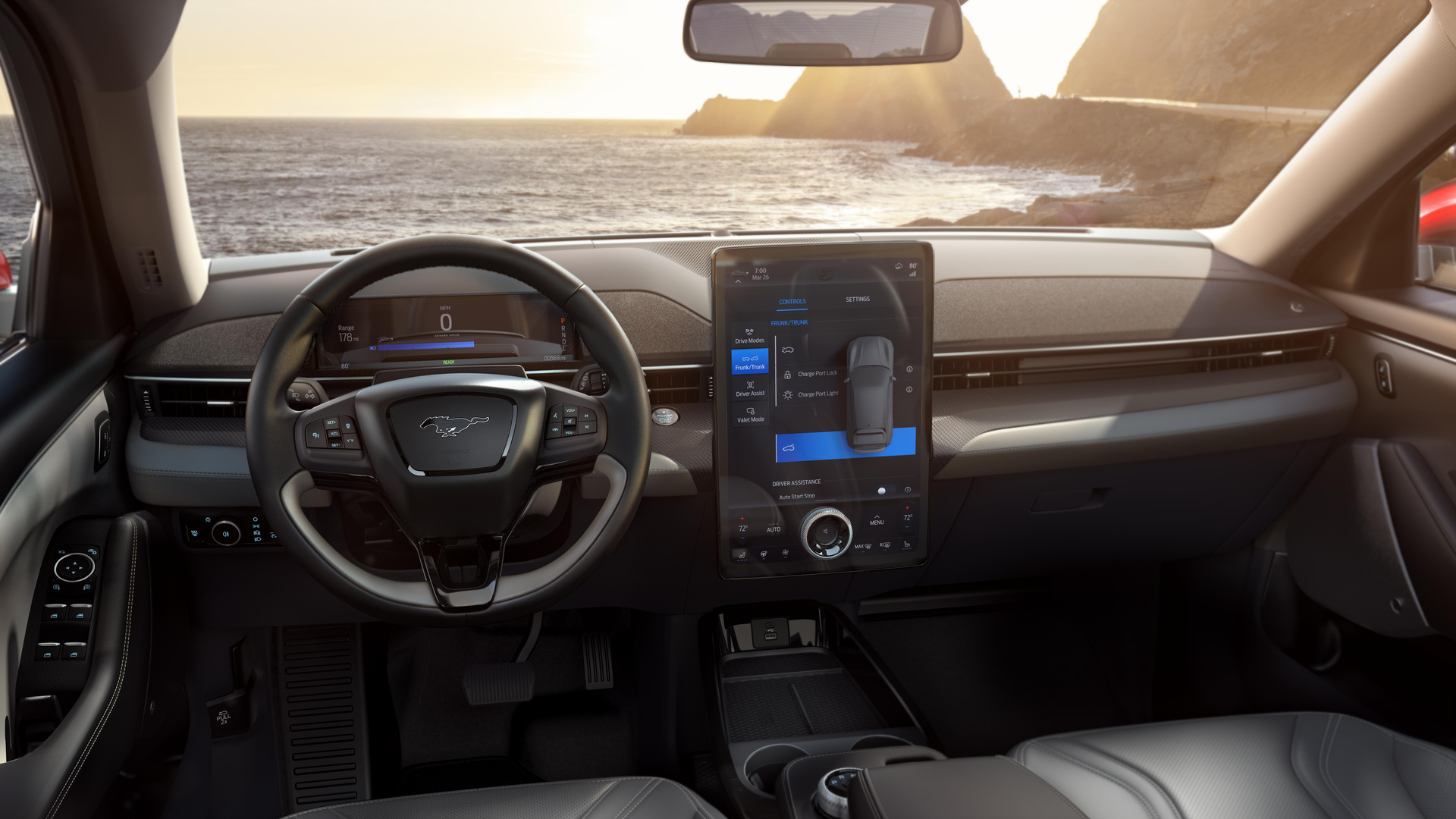 Traditional Mustang design cues like the double-cowl instrument panel also round out the Mustang Mach-E's interior.