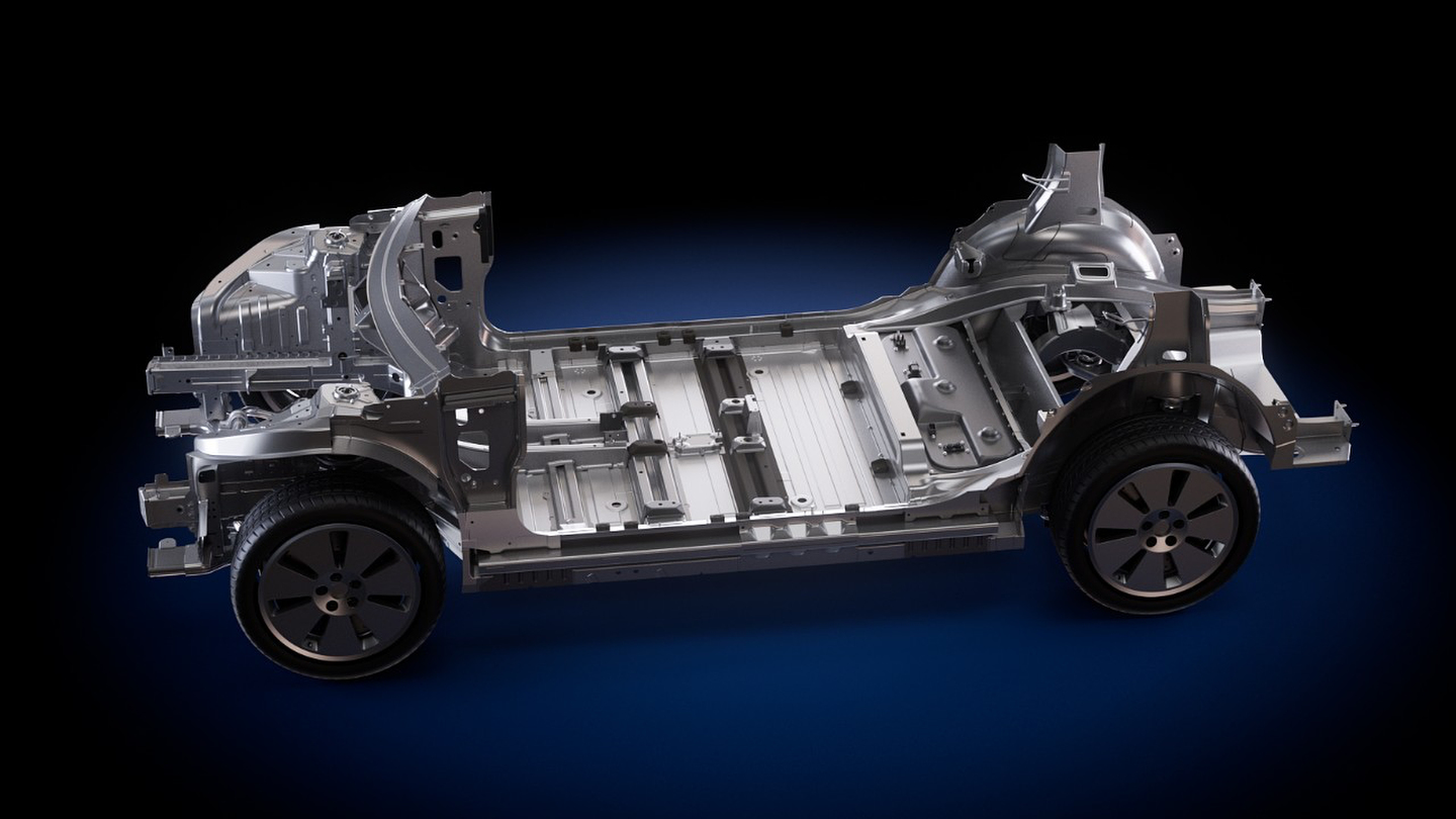 Rendu de la structure d’une plateforme de véhicule électrique, avec plancher, berceaux avant et arrière et quatre roues, sur fond bleu foncé