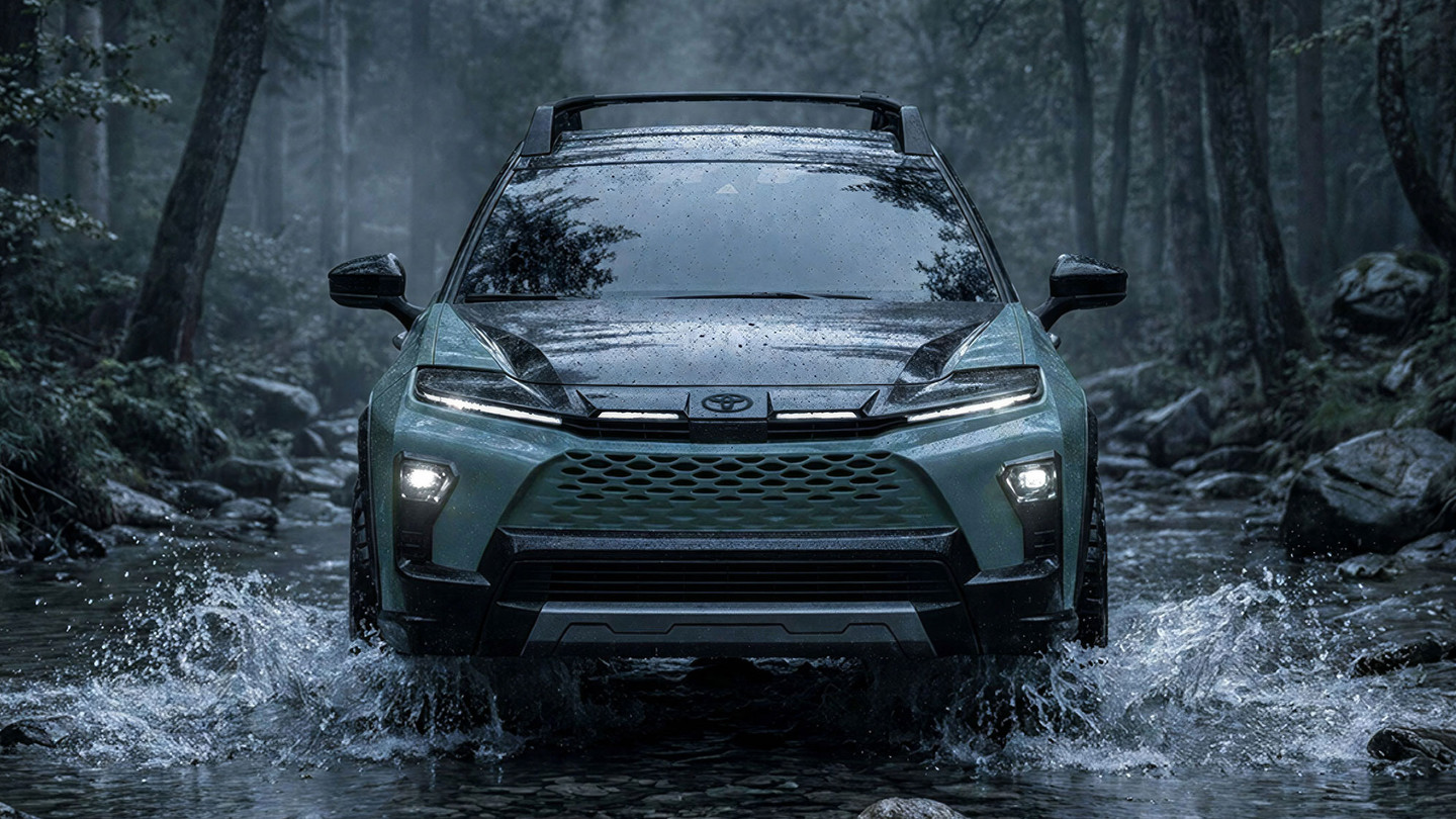 Digital rendering of the Toyota Crown Signia Woodland Concept crossing a creek in a dark forest with its headlights on